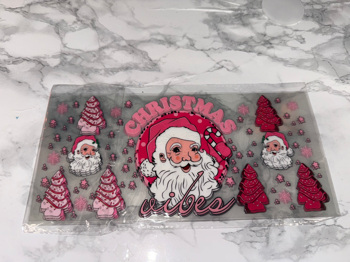 Christmas vibes with Santa and trees, pink and red colours