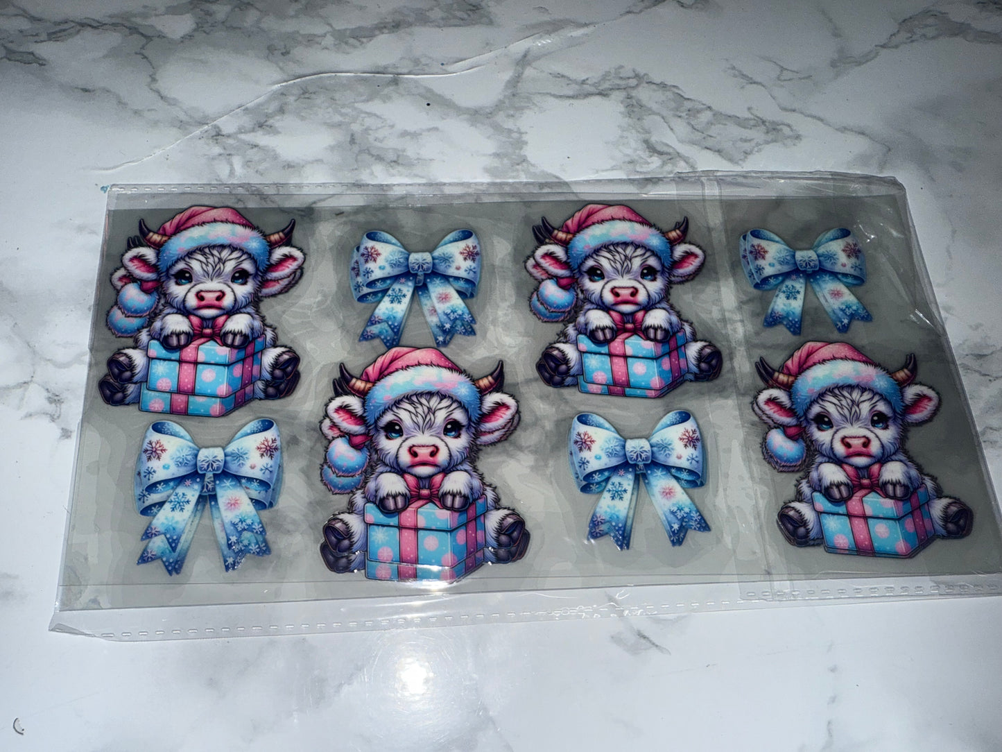 Decorative Blue UVDTF with cartoon cows and bows