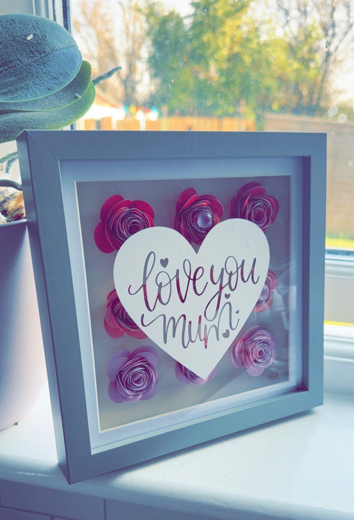 Love You Mum - Lovely decorative shadow box with heart and hand created roses