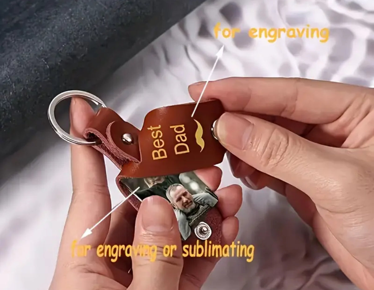 Keychain With Photo insert and Engravable Leather Holder - Customisable