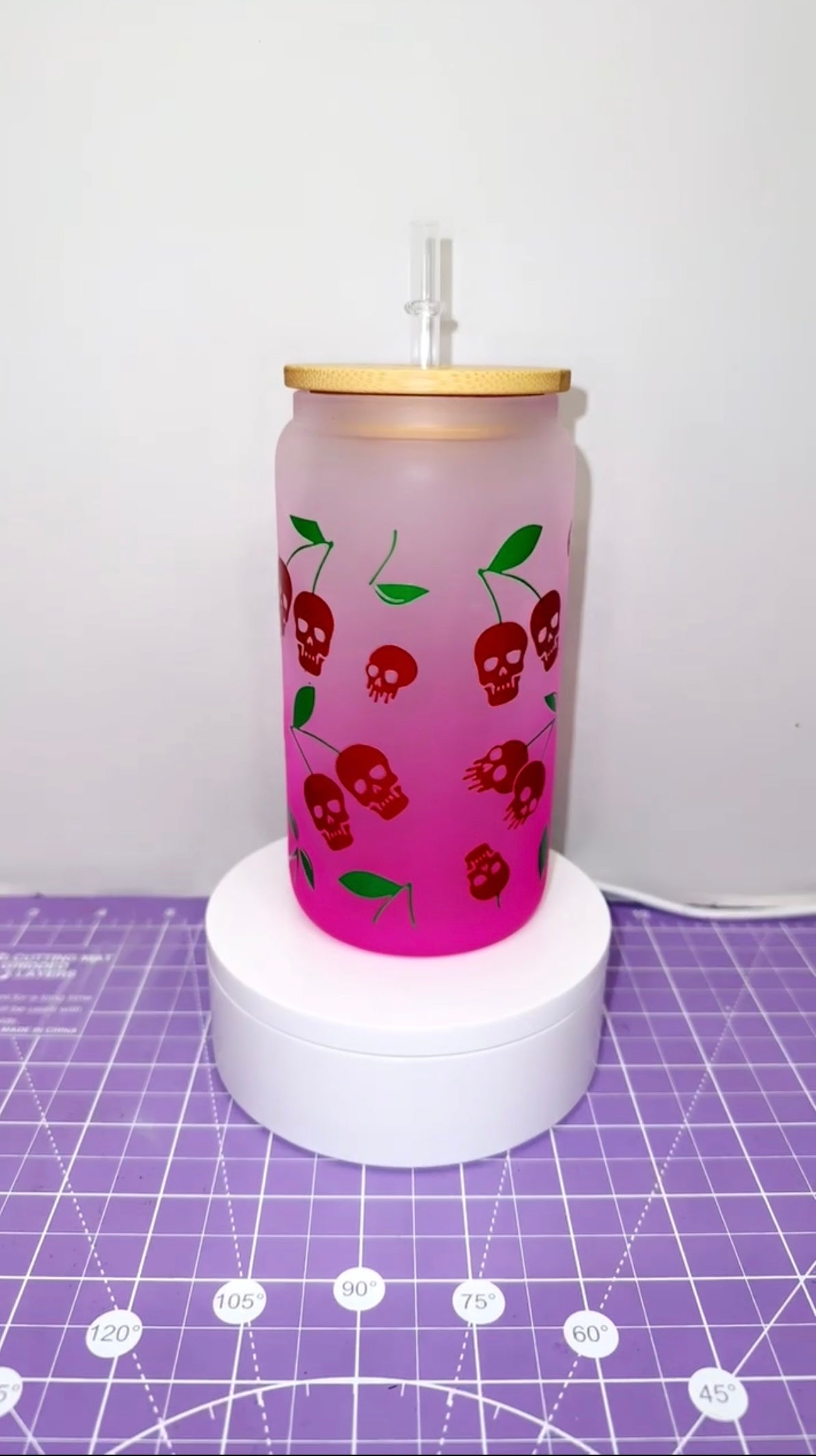 16 oz frosted glass Libbey cup with Bamboo lid - Cherry Skulls