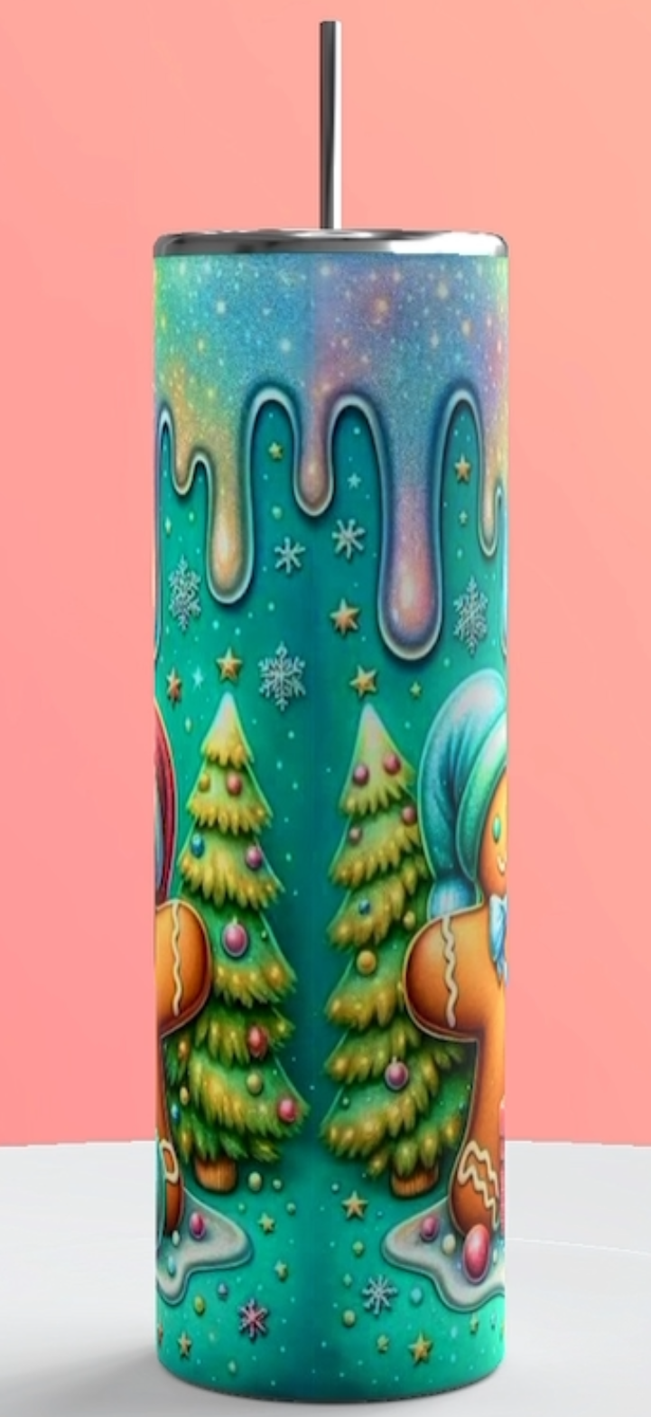 A stainless steel tumbler with a gingerbread man design, featuring a festive pattern with Christmas trees and a dripping ice effect, displayed against an orange background.