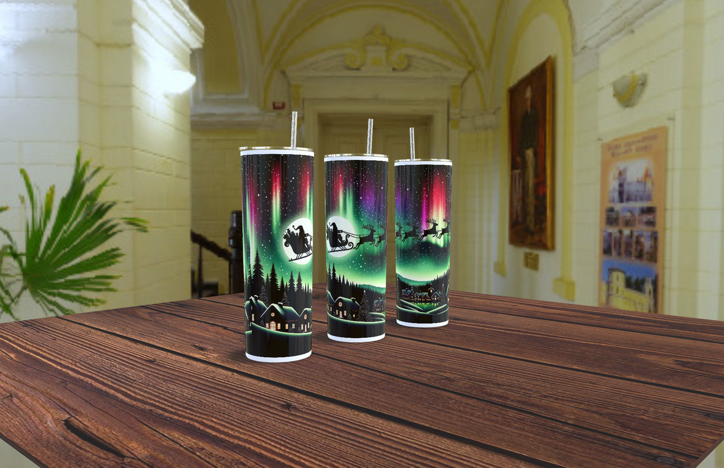 Santa going across the sky with Northern lights - Customisable