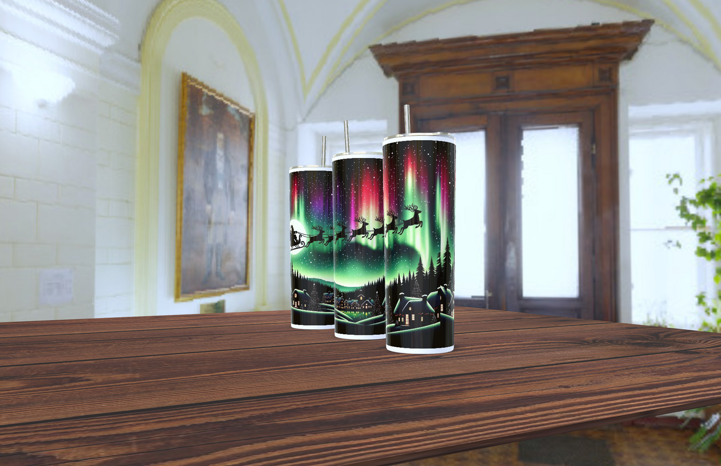 Santa going across the sky with Northern lights - Customisable