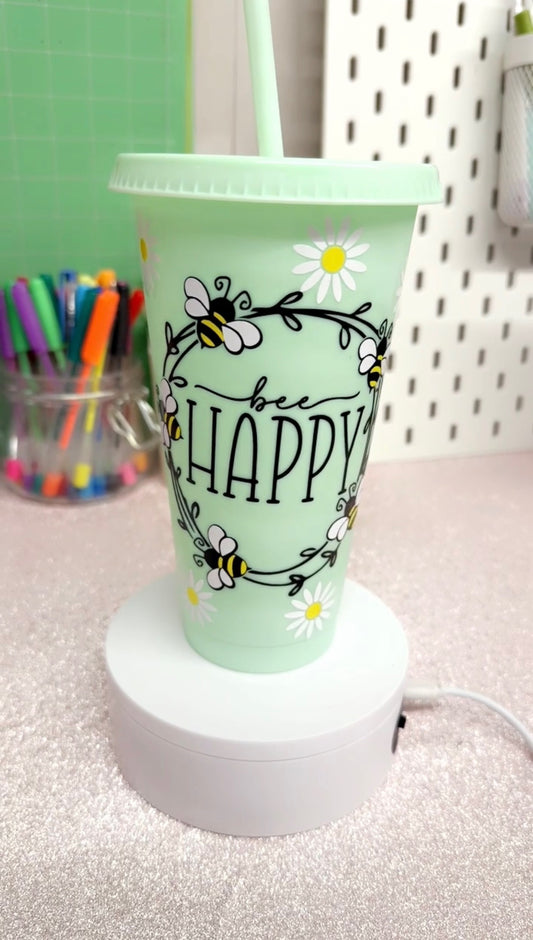 Bee Happy - 24oz Hand Decorated Cold Cup