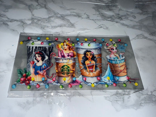 Decorative cup sleeves with princess designs at Christmas time