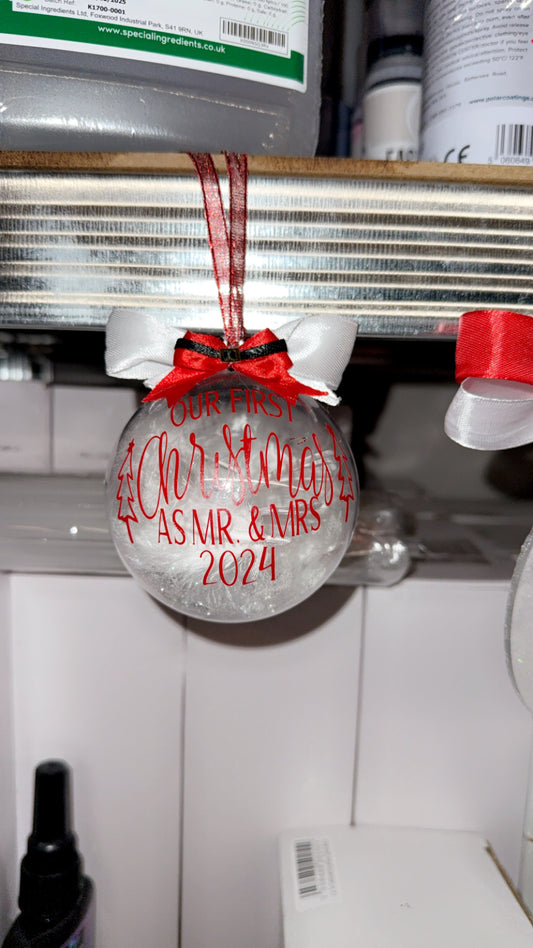 “First Xmas as Mr & Mrs ……” 8cm Xmas Baubles