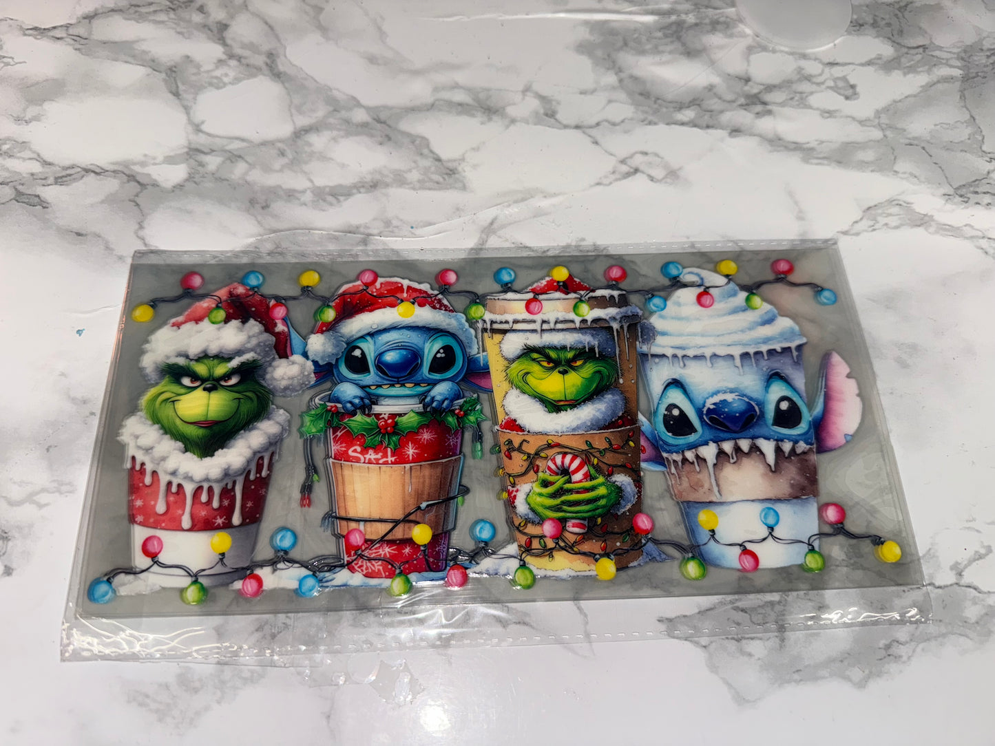 Grinch and Stitch decorated Xmas wrap
