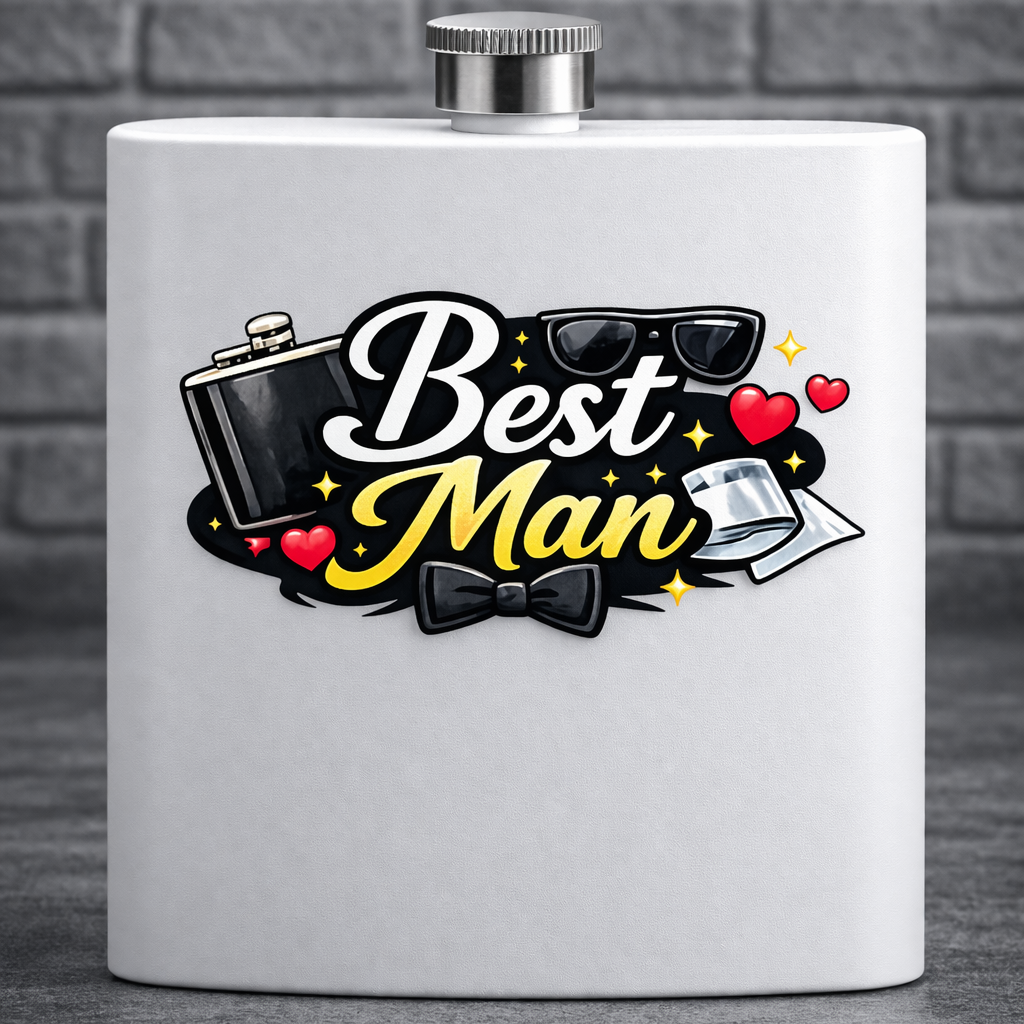 White flask with 'Best Man' design against a brick wall background