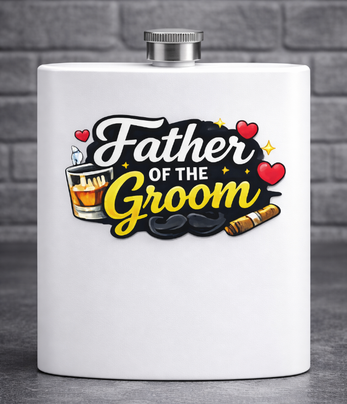 White flask with 'Father of the Groom' design on a gray background