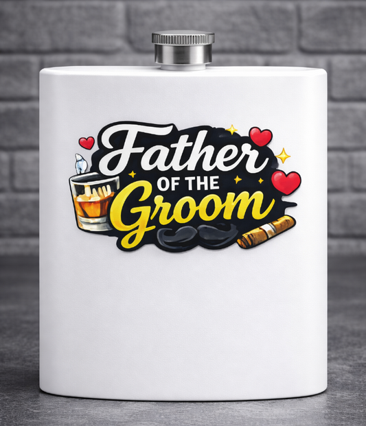 White flask with 'Father of the Groom' design on a gray background