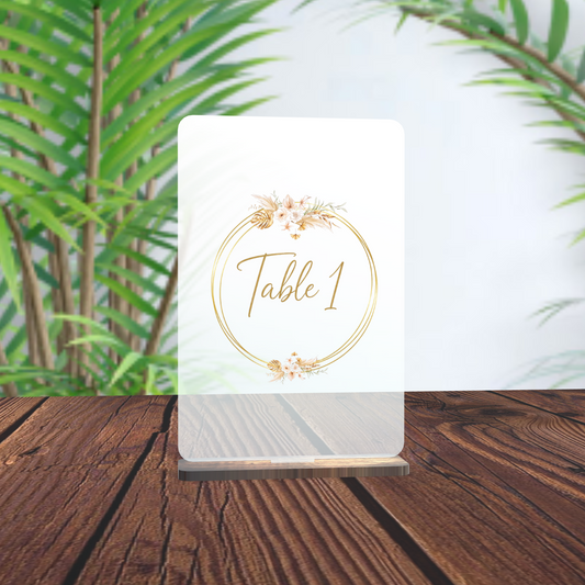 Table Number Sign with Golden Ring, Flowers and Elegant Text - Acrylic